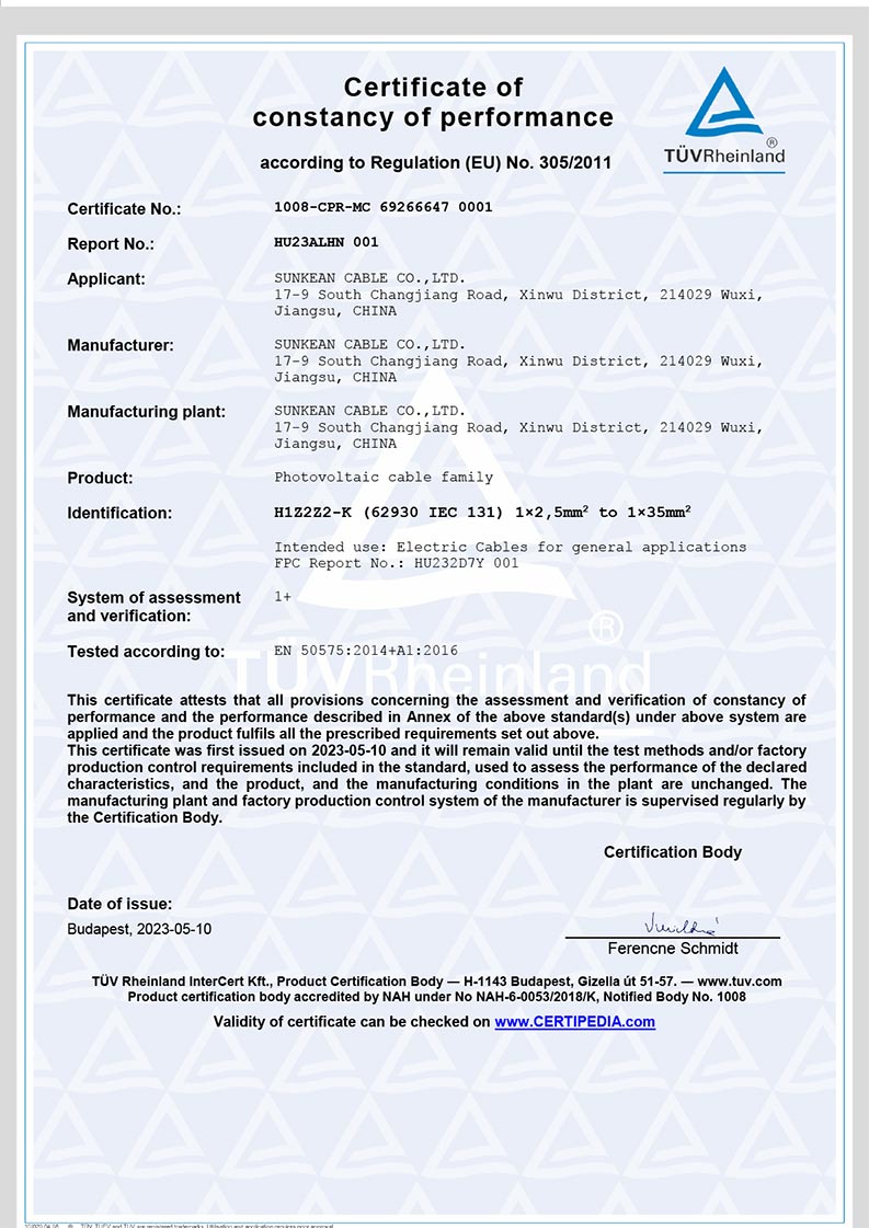 Certificat SUNKEAN RCR (Dca)