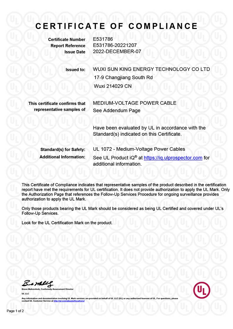 Certificat MV-90/105 Cbale UL1072